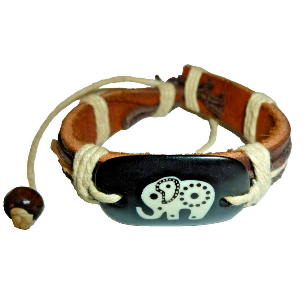 Elephant Bracelet Leather Adjustable Strings‎ Cuff Unisex Handmade Black Brown